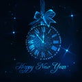 Happy New Year greeting card with roman numeral clock as a christmas ball, ribbon bow and text. Royalty Free Stock Photo