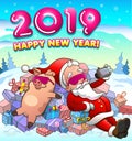 Happy new year greeting card with santa claus and pig in cool glasses Royalty Free Stock Photo