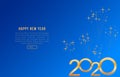 2020 Happy New Year greeting card with shiny golden numbers on blue background with fireworks. Modern template design for holiday Royalty Free Stock Photo