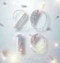 Happy New Year 2019 Greeting Card with Silver Numbers and Confetti Frame on White Background. Vector Illustration. Merry Christmas Royalty Free Stock Photo