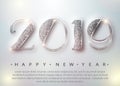 Happy New Year 2019 Greeting Card with Silver Numbers on White Background. Vector Illustration. Merry Christmas Flyer or Royalty Free Stock Photo