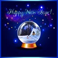 Happy new year greeting card of snow crystal globe with winter landscape and little house in the forest Royalty Free Stock Photo