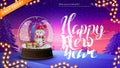 Happy New Year, greeting card with snow globe with snowman and winter landscape on the background Royalty Free Stock Photo