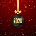 Happy New Year 2020. Greeting Card With Snowfall Black Christmas Ball With Golden Ribbon And Gold Numbers 2020 On Them. New Year
