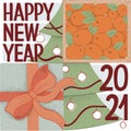 Happy New Year Greeting Card. Square vector illustration. Wood box with mandarin, gift box with bright orange bow