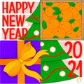 Happy New Year Greeting Card. Square vector illustration. Wood box with mandarin, purple gift box with bright orange bow