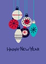 Happy New Year greeting card. Stylish design with hand drawn baubles and Very Peri colors of the year 2022