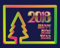 2018 Happy New Year greeting card template with fluid colors christmas tree silhouette frame Royalty Free Stock Photo