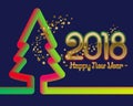 2018 Happy New Year greeting card template with fluid colors christmas tree silhouette and glittering stars Royalty Free Stock Photo