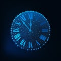 Happy New Year greeting card with glowing low poly roman numeral clock on dark blue background. Royalty Free Stock Photo