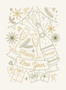 Happy New Year greeting card template. Sparkling wine bottle and glasses lineart illustration. Decorative gift boxes