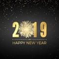Happy New Year 2019. Greeting card text design. New Years banner with golden numbers and firework. Vector illustration Royalty Free Stock Photo