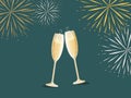 Happy new year greeting card two champagne glasses and fireworks on a dark background. Holidays content Royalty Free Stock Photo