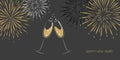 Happy new year greeting card two champagne glasses and fireworks on a grey background