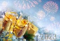 Happy new year 2023 greeting card with two champagne glasses and fireworks. Royalty Free Stock Photo