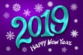Happy New Year 2019. Greeting card. two thousand and nineteen. tape blue number on violet background. snowflakes Vector illustrati Royalty Free Stock Photo