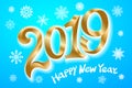 Happy New Year 2019. Greeting card. two thousand and nineteen. tape gold number on blue background. snowflakes Vector illustration Royalty Free Stock Photo