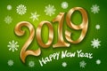 Happy New Year 2019. Greeting card. two thousand and nineteen. tape gold number on green background. snowflakes Vector illustratio Royalty Free Stock Photo