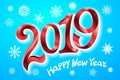 Happy New Year 2019. Greeting card. two thousand and nineteen. tape Red number on blue background. snowflakes Vector illustration Royalty Free Stock Photo