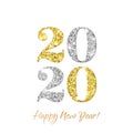 Happy New Year 2020 greeting card of vector golden and silver glitter confetti on premium white background for Christmas