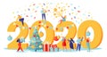 Happy New Year 2020 greeting card. Vector illustration with small people preparing for the party, that engaged in decorating.