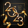Happy new year greeting card vector template. Festive christmas social media banner design with congratulations. Golden