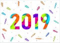 2019 Happy New Year greeting card with colorful confetti. Royalty Free Stock Photo