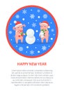 Happy New Year Greeting Cards Pigs in Round Frame Royalty Free Stock Photo