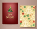 Happy New Year greeting cards set. Single fir tree on one, yellow background pattern on the other. Royalty Free Stock Photo