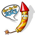 Happy new year 2023 greeting from a fireworks cartoon rocket for the holiday fireworks display Royalty Free Stock Photo