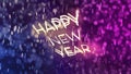 Happy New Year greeting in front of the purple and blue bokeh background