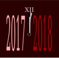 Happy new Year 2018 passing 2017 clock Vector illustration vivid dark red background Royalty Free Stock Photo