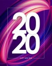 Happy New Year 2020. Greeting poster with colorful abstract twisted brush stroke paint shape. Trendy design Royalty Free Stock Photo