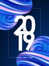 Happy New Year 2019. Greeting poster with 3D Blue neon colored abstract twisted fluide shape. Trendy design Royalty Free Stock Photo