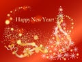 happy new year greeting, in red colors with a Christmas tree and luminous garlands