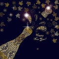 Happy new year 2017 greeting template card or poster design with shining glittering gold champagne explosion bottle and place for Royalty Free Stock Photo