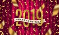 Happy New year 2019 greeting illustration. Glitter gold numbers and golden foil confetti on a red curtain background. Royalty Free Stock Photo