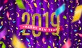 Happy New year 2019 greeting illustration. Glitter gold numbers and multicolored confetti on a violet curtain background. Royalty Free Stock Photo