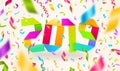 Happy New year 2019 greeting illustration. Origami year numbers made from multicolored paper and colorful confetti on a whi