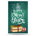 Happy New Year, greeting vertical card with Christmas books, Christmas ball and cone