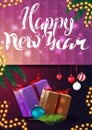 Happy New Year, greeting vertical pink card with presents and Christmas tree branch with Christmas ball