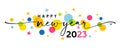 Happy new year 2023 greetings banner with swirl ribbon and colored stars