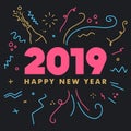 Happy New Year 2019 Greetings Card. Colorful Illustration Royalty Free Stock Photo