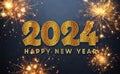 Happy New Year 2024 greetings card with golden diamond effect and fireworks. 3D rendering