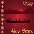 Happy New Year greetings card with lettering, snowflakes and dry cargo bulker ship in the sea in red and golden colors. Royalty Free Stock Photo