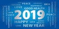 2019 Happy New Year greetings vector banner. Blue and silver.