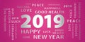 2019 Happy New Year greetings vector banner. Pink and silver.