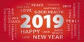 2019 Happy New Year greetings vector banner. Red and silver.