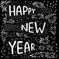 Happy New Year - hand draw chalk sign with champagne bottle and firework. Vector stocl illustartion for banner, greeting Royalty Free Stock Photo