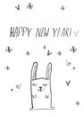 Happy new year hand drawn card poster . Cute funny bunny kid illustration . cartoon made rabbit with hearts and snowflakes ink pai